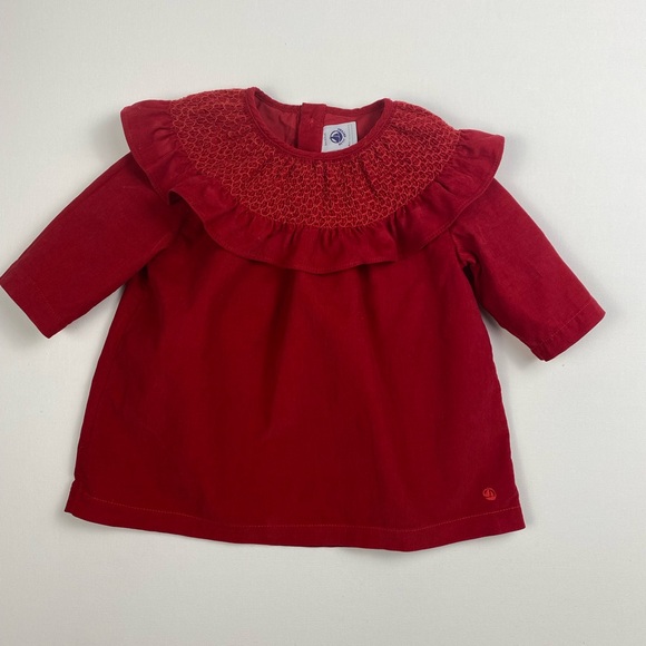 Petit Bateau Red Smocked Long-Sleeve Corduroy Dress size 6 Months - Picture 10 of 11